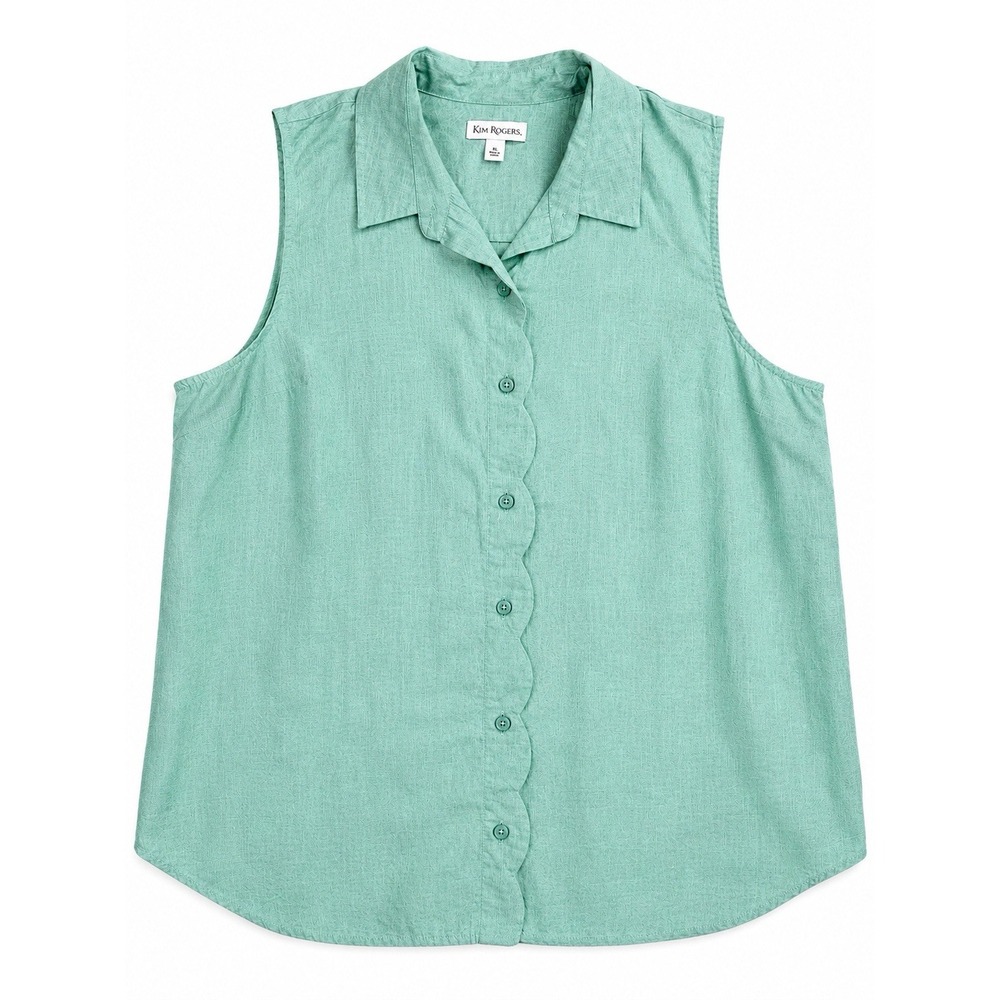 Kim Rogers Sleeveless Button Shirt 100% Cotton XL Teal Scalloped Boho Lagenlook